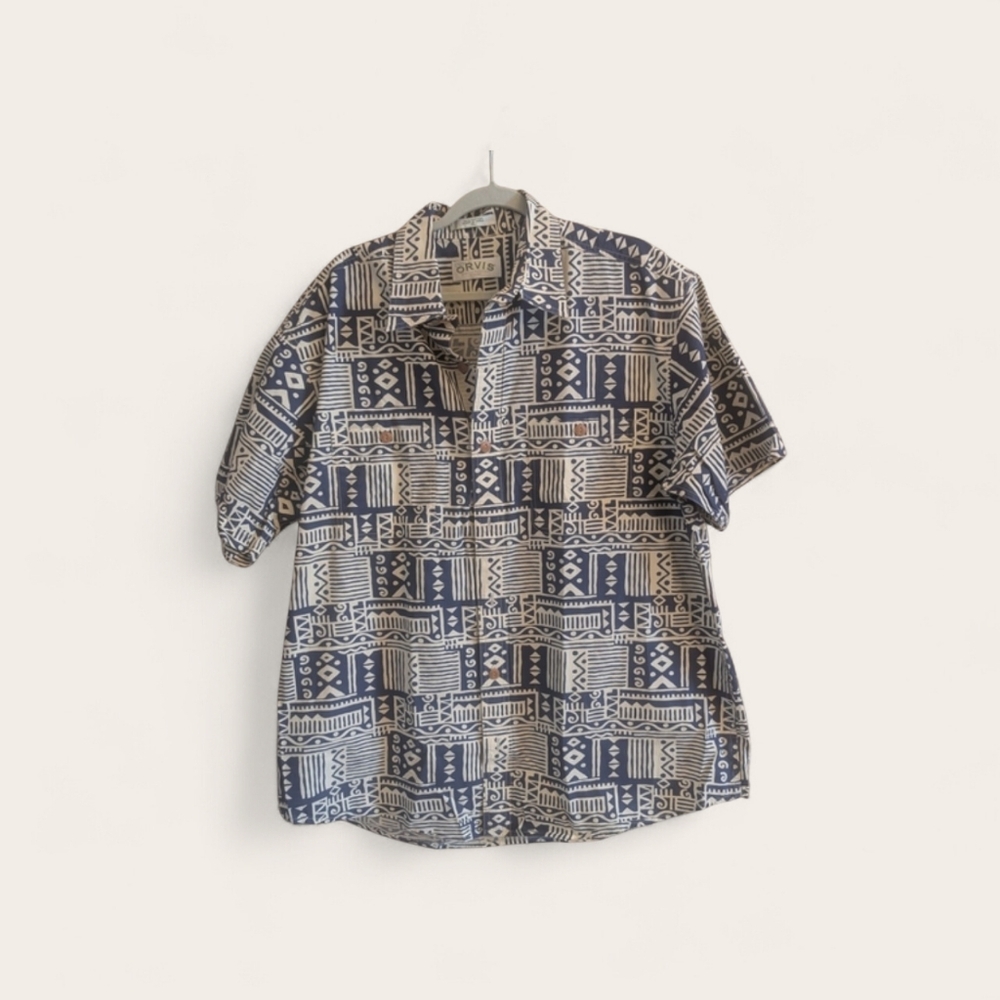 Orvis Blue and Tan Men XL Geometric Tribal Print Short Sleeve 100% Cotton Shirt